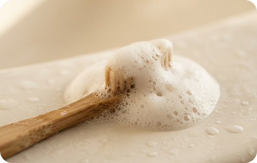 A close-up of a light brown bamboo toothbrush with bristles covered in thick foam, resting on a white surface with water droplets.