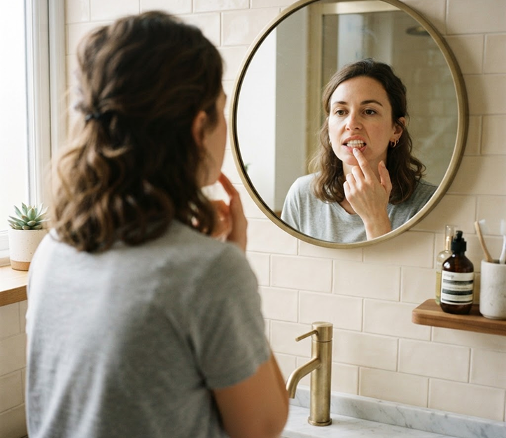 A woman with wavy brown hair seen from behind looking into a round gold-framed bathroom mirror, checking her gums. The bathroom has white subway tiles, a brass faucet, and a small wooden shelf with toiletries.