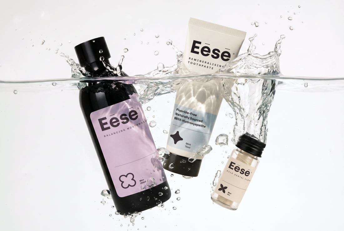 Best fluoride and alcohol free set of Eese oral care products including microbiome balancing mouthwash, enamel remineralising toothpaste and silk bee-waxed dental floss.