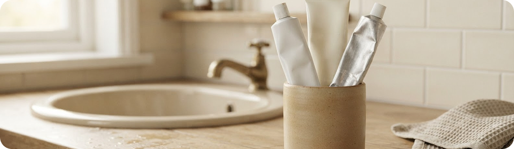 A close-up of a beige ceramic toothbrush holder containing two no-name toothpaste tubes, set on a wooden bathroom counter with a sink, faucet, and tiled wall in the background.